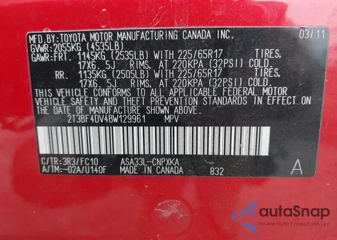 2011 Toyota Rav4 from USA, damaged, VIN 2T3BF4DV4BW129961